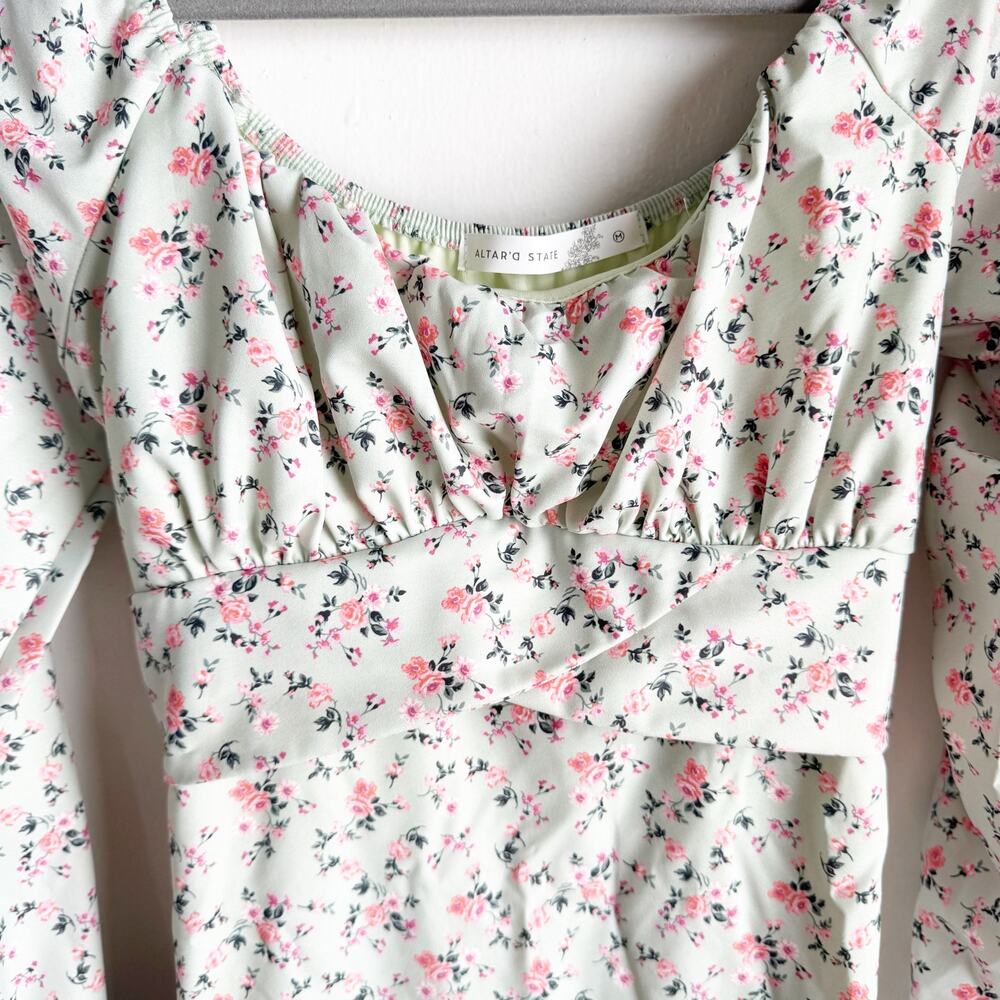 Altar’s State Lola Crossover Mint Green Pink Floral Mini Dress Fit & Flare M - Picture 7 of 16